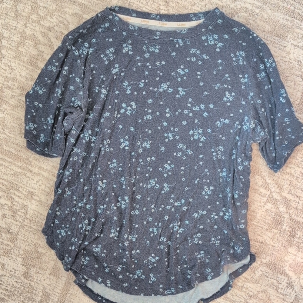 L.L. Bean Navy Short-Sleeve Crewneck Tee with Light Blue Floral Print
